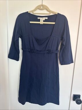 Max Studio Navy Long Sleeve Scoop Neck Knit Dress with Braided Waist